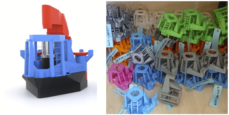 (left) A rendering of an assembled OpenFlexure Microscope (right) a collection of microscope bodies printed as part of our manufacture and testing at STICLab, Tanzania
